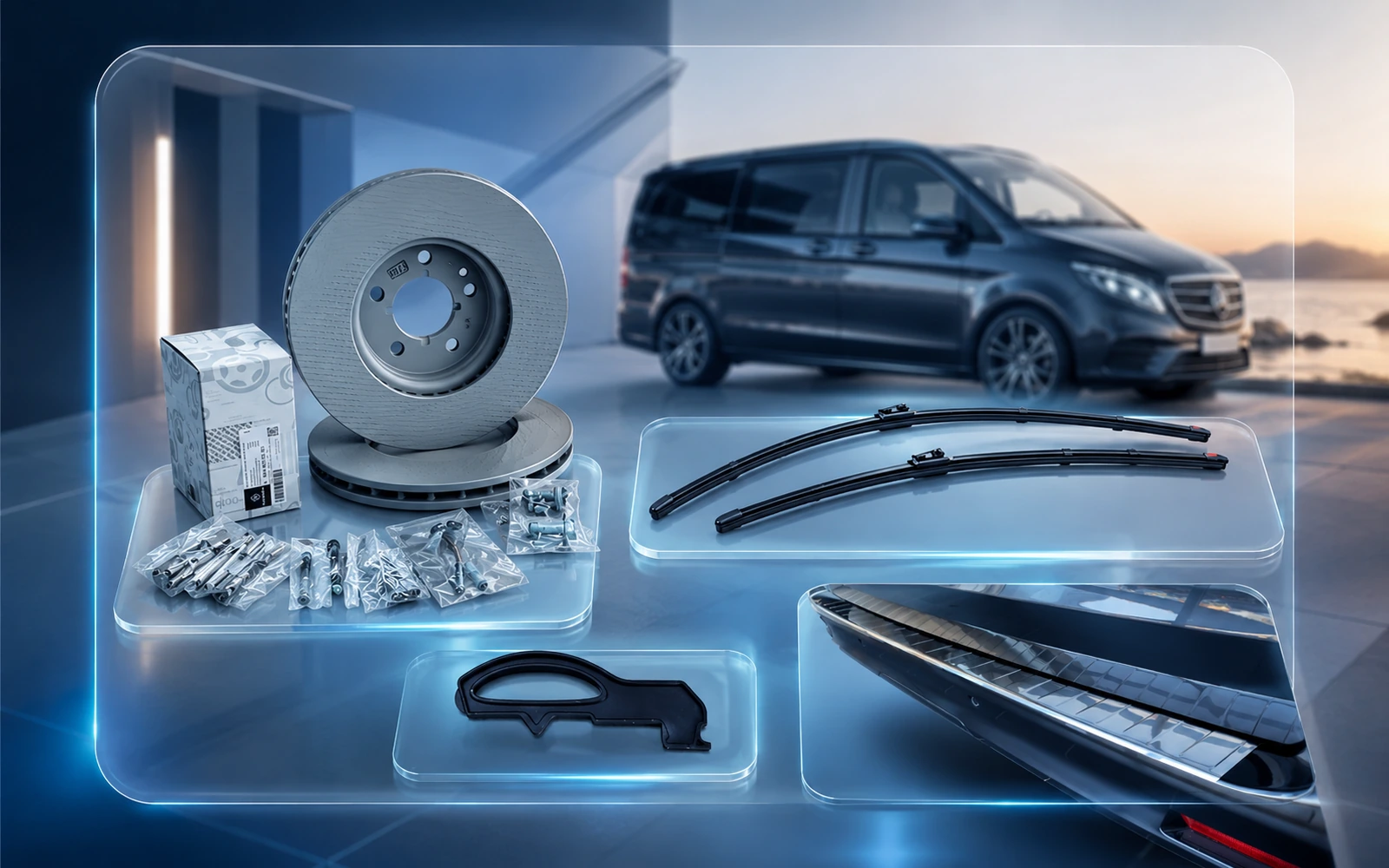 Original Mercedes-Benz Zubehör und Ersatzteile für eine V-Klasse, darunter Bremsscheiben, Scheibenwischer, Ladekantenschutz, Dichtungen und Montagematerial, modern präsentiert vor einem Mercedes Van.